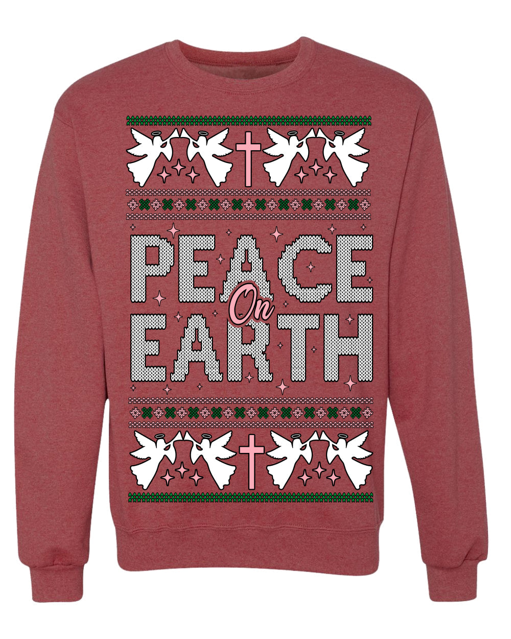 Peace On Earth Funny Xmas Cute Pink Angel Cross Ugly Christmas Sweater Crewneck Sweatshirt