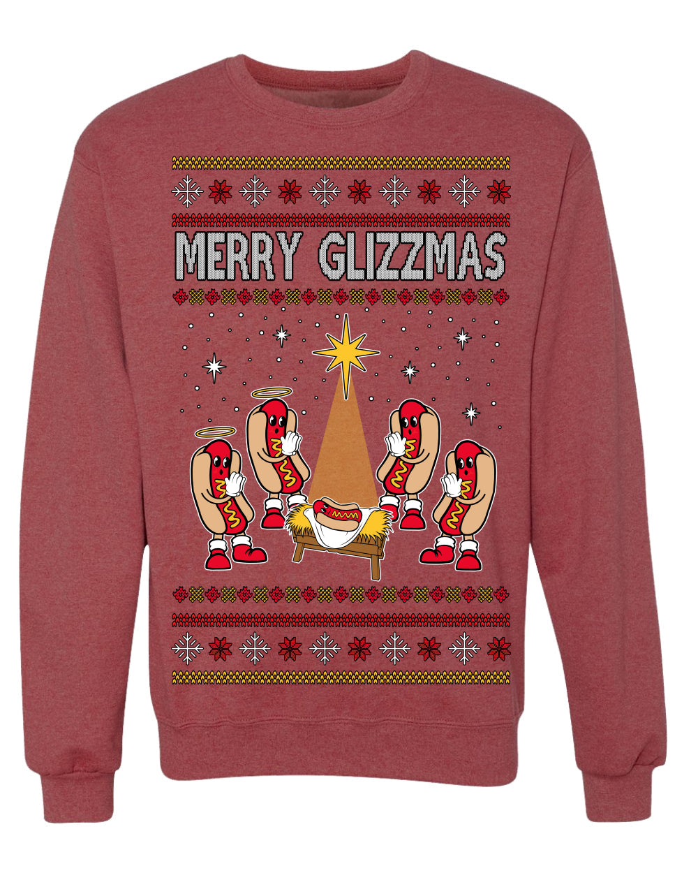Merry Glizzmas, Funny Glizzy Hot Dog Baby Jesus Catholic Nativity, Fast Food Mustard Condiment Glizzys Humor Ugly Christmas Sweater Crewneck Sweatshirt