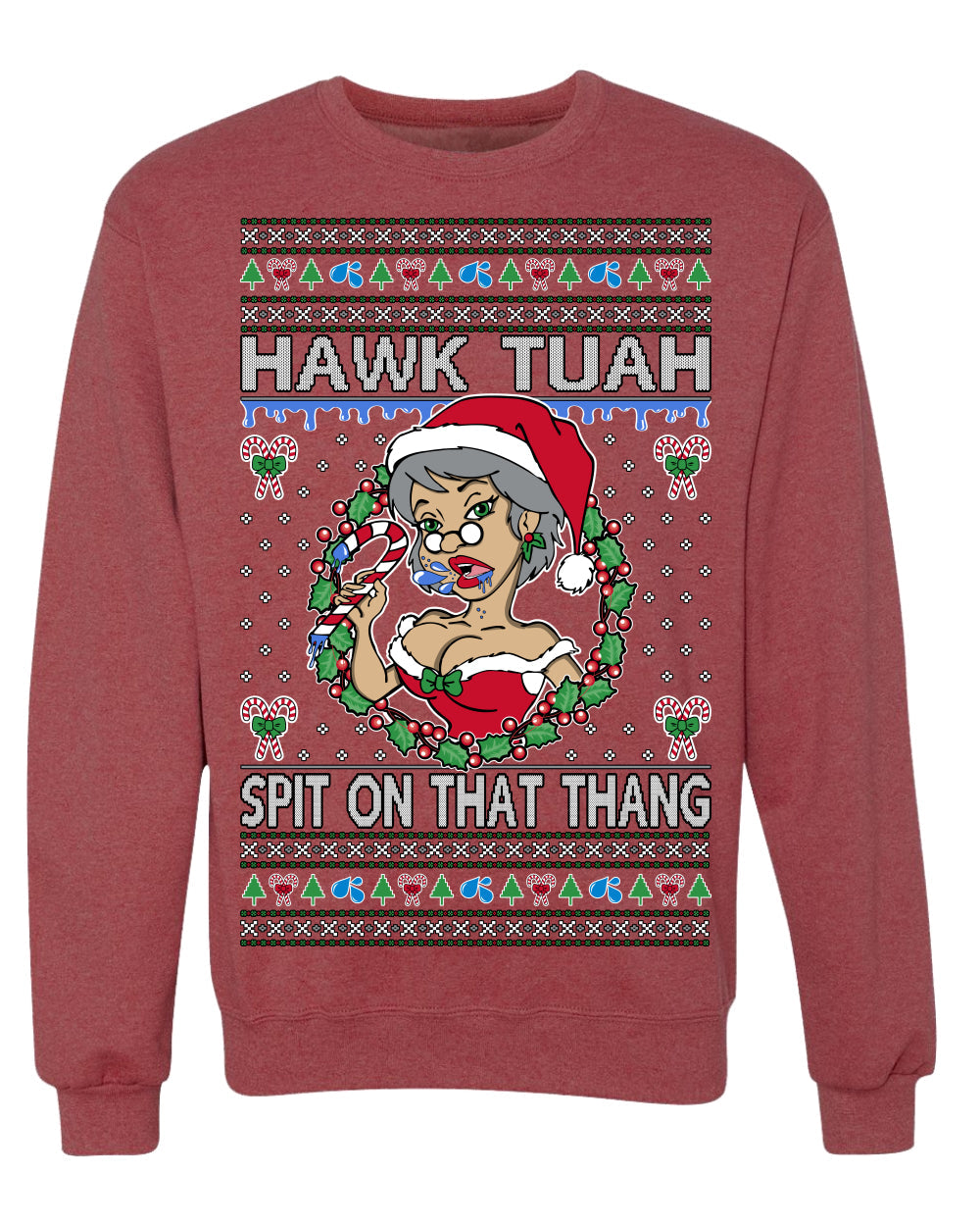 Hawk Tuah Spit On That Thang Mrs Claus Funny Meme Ugly Christmas Sweater
