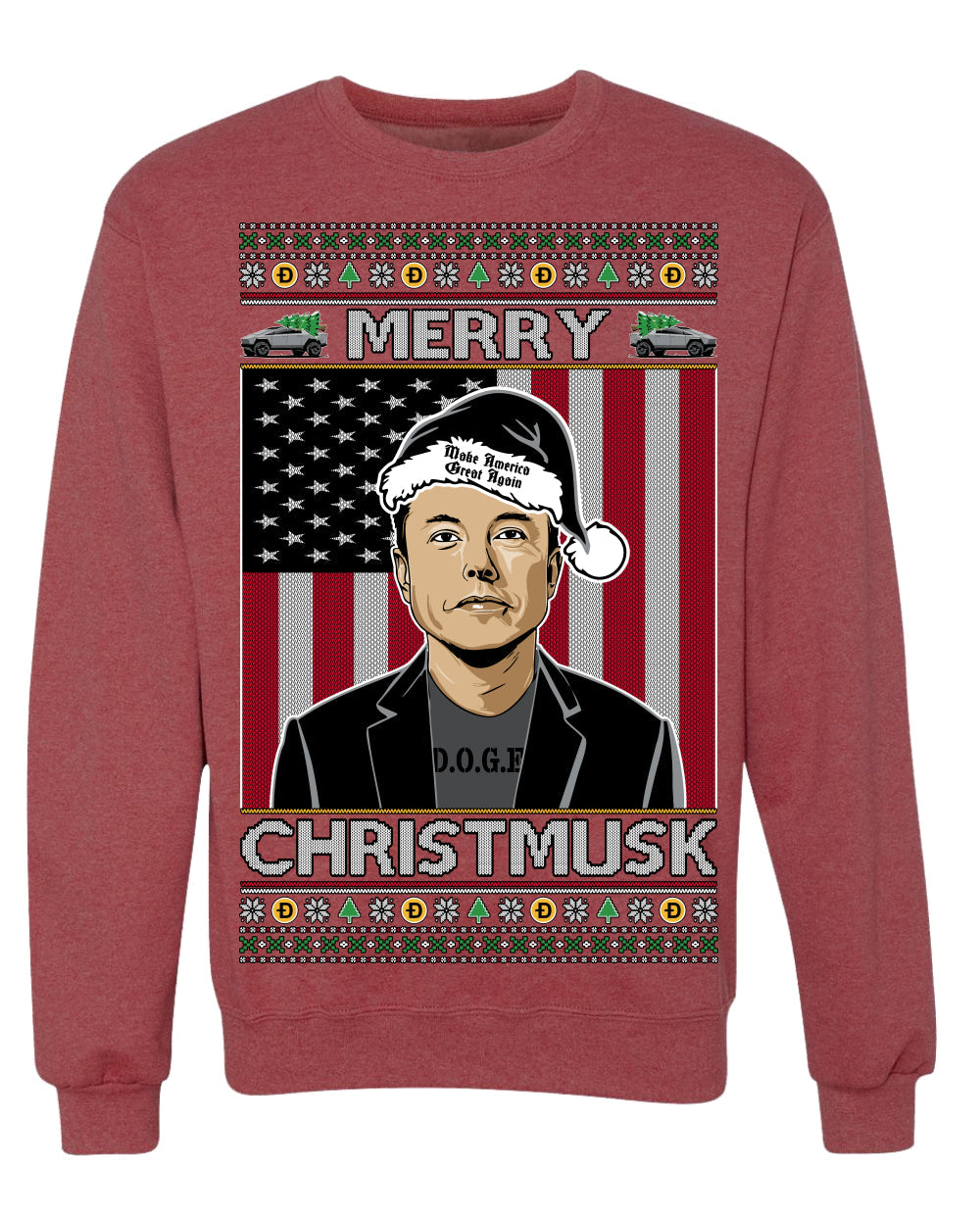 Merry Christmusk Funny Dark MAGA Santa Elon Doge Meme Ugly Christmas Sweater Crewneck Sweatshirts
