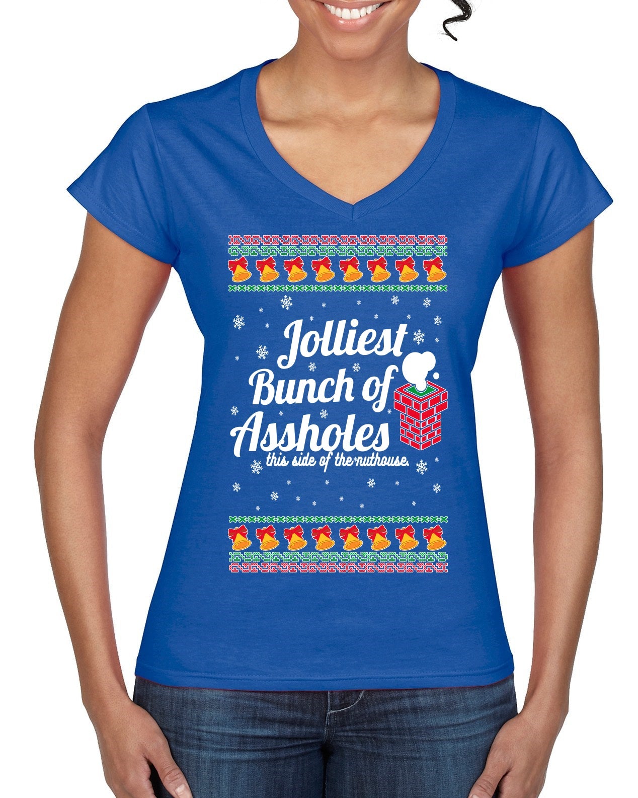Jolliest Bunch of Assholes Xmas Movie Ugly Christmas Sweater Women’s Standard V-Neck Tee