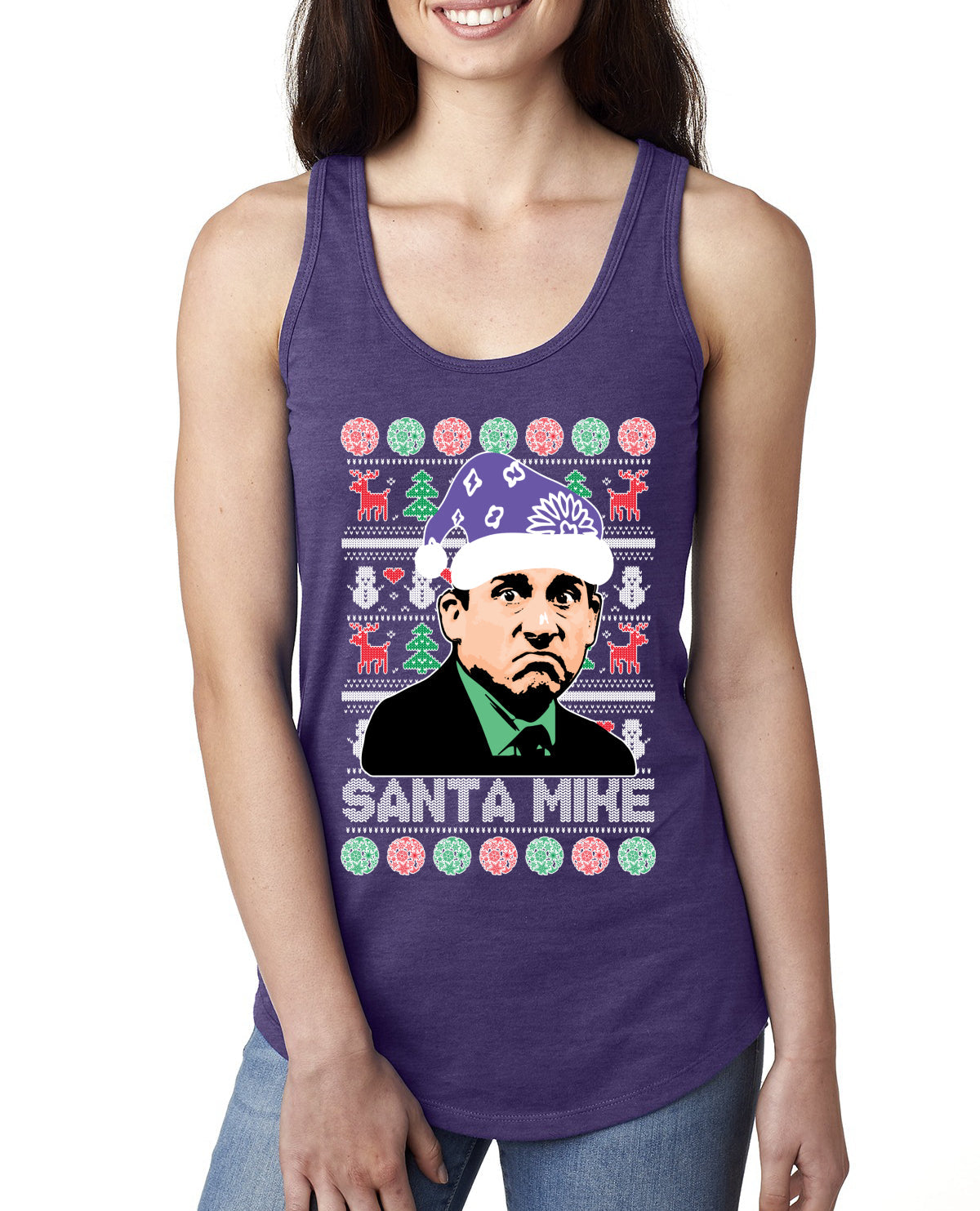 Santa Mike Michael Scott The Office Ugly Christmas Sweater Ladies Racerback Tank Top