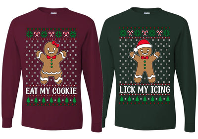 Eat My Cookie Lick My Icing Naughty Gingerbread Ugly Christmas Matching Couples Long Sleeve Shirt