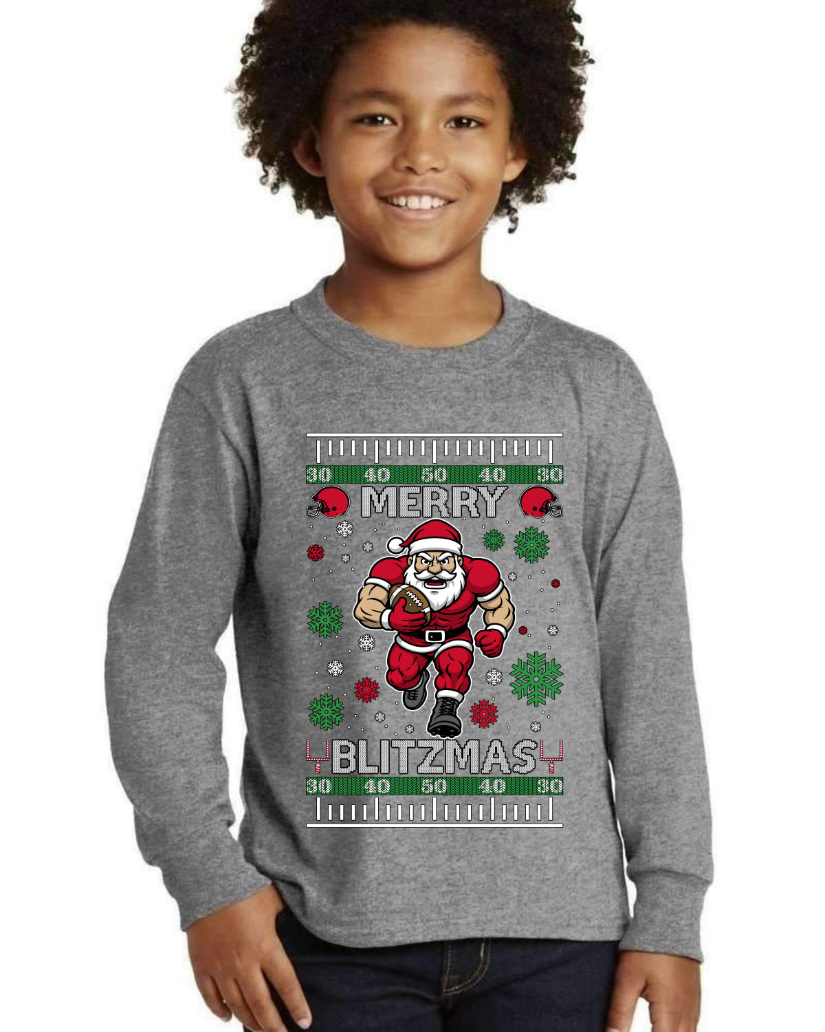 Merry Blitzmas, Football Christmas Sweater Design Ugly Christmas Sweater For Kids | Youth Longsleeve Shirt