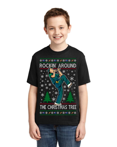 Rockin Around the Christmas Tree Raygun Viral Breakdancer Ugly Christmas Unisex Boys Girls Graphic Youth T-shirt