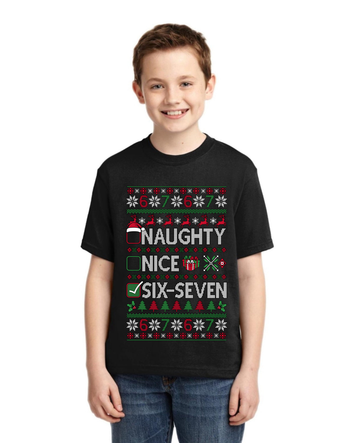 Naughty Nice 6 7 Checklist Ugly Christmas Sweater For Kids | Unisex Boys Girls Graphic Youth T-Shirt