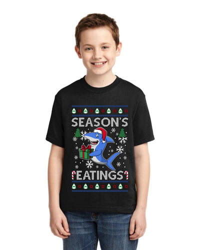 Season's Eatings Shark Ugly Christmas Sweater For Kids | Unisex Boys Girls Graphic Youth T-Shirt