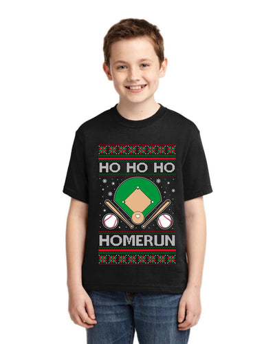 Ho Ho Ho Homerun, Baseball Fan Christmas Design Ugly Christmas Sweater For Kids | Unisex Boys Girls Graphic Youth T-Shirt