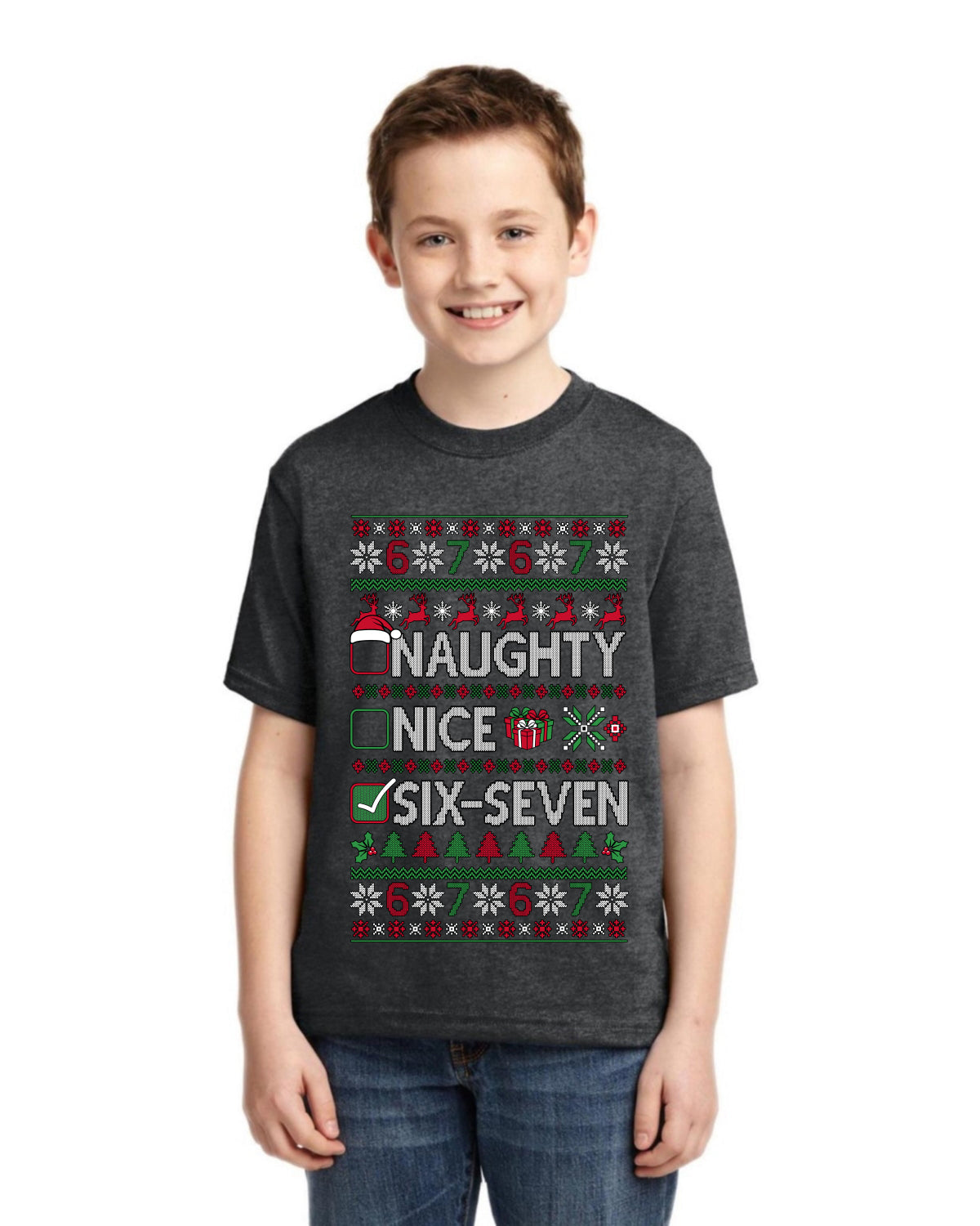 Naughty Nice 6 7 Checklist Ugly Christmas Sweater For Kids | Unisex Boys Girls Graphic Youth T-Shirt