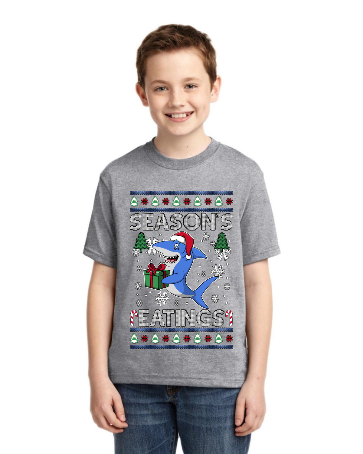 Season's Eatings Shark Ugly Christmas Sweater For Kids | Unisex Boys Girls Graphic Youth T-Shirt