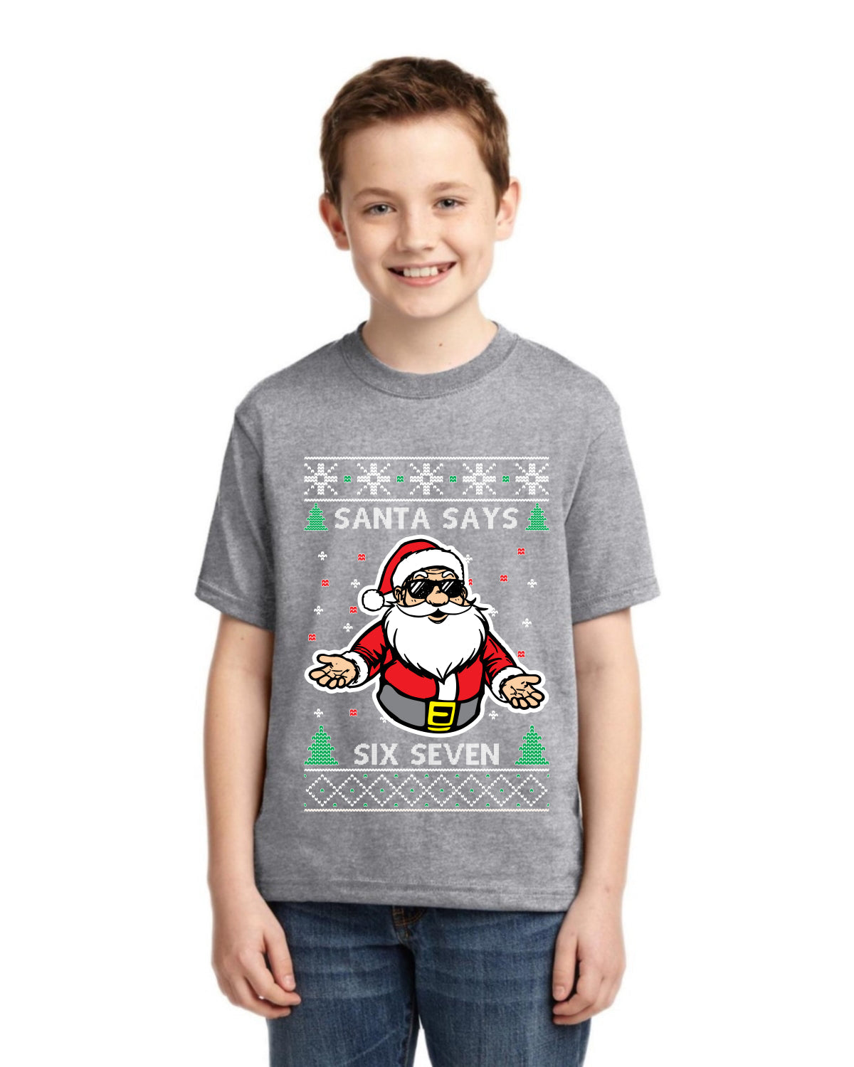 Santa Says 6 7 Meme Ugly Christmas Sweater For Kids | Unisex Boys Girls Graphic Youth T-Shirt