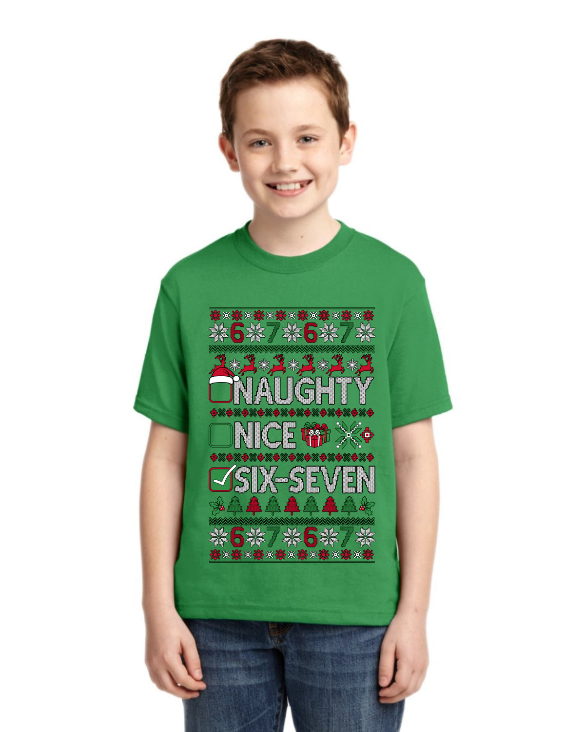 Naughty Nice 6 7 Checklist Ugly Christmas Sweater For Kids | Unisex Boys Girls Graphic Youth T-Shirt