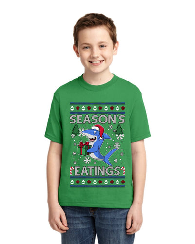 Season's Eatings Shark Ugly Christmas Sweater For Kids | Unisex Boys Girls Graphic Youth T-Shirt