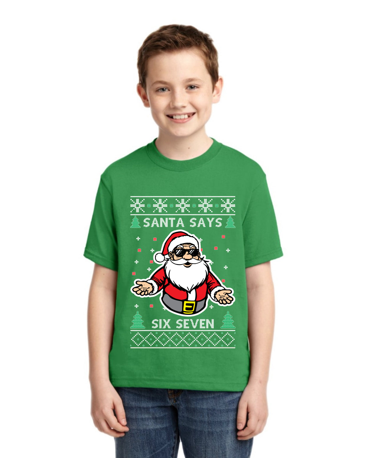 Santa Says 6 7 Meme Ugly Christmas Sweater For Kids | Unisex Boys Girls Graphic Youth T-Shirt