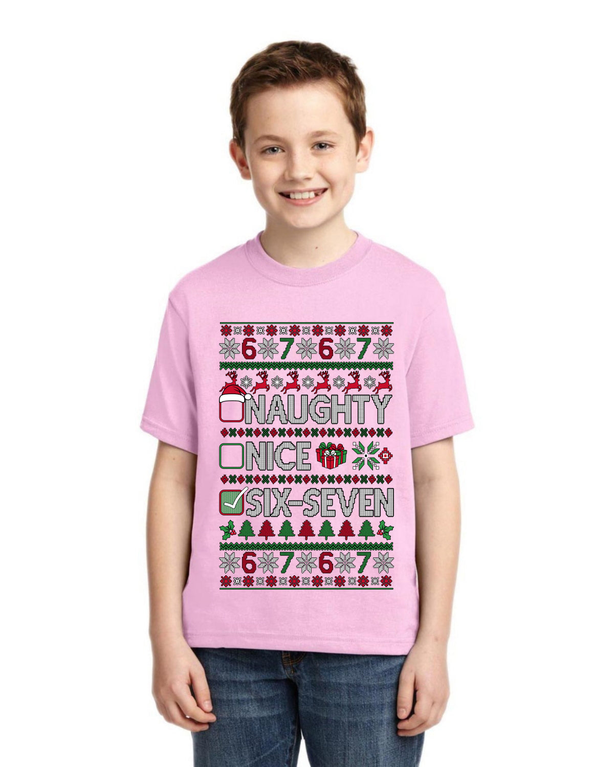 Naughty Nice 6 7 Checklist Ugly Christmas Sweater For Kids | Unisex Boys Girls Graphic Youth T-Shirt