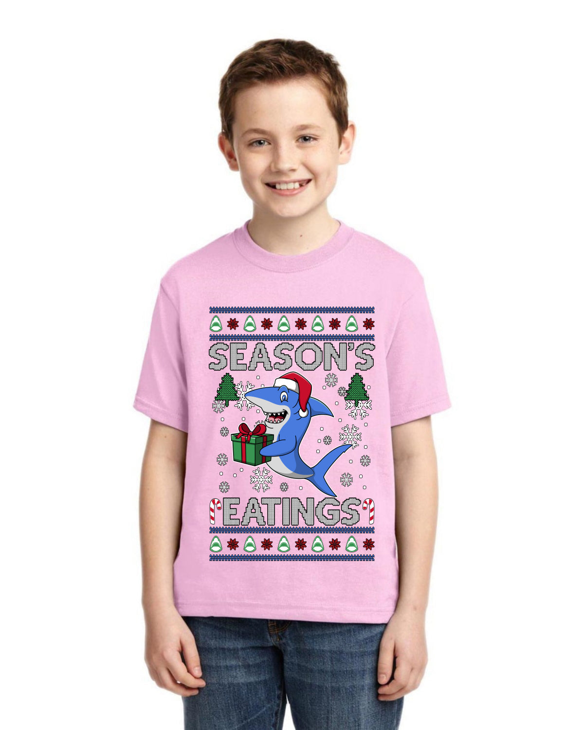 Season's Eatings Shark Ugly Christmas Sweater For Kids | Unisex Boys Girls Graphic Youth T-Shirt