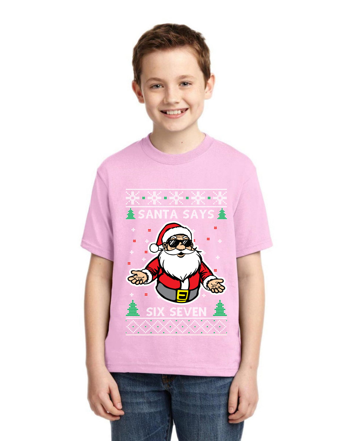 Santa Says 6 7 Meme Ugly Christmas Sweater For Kids | Unisex Boys Girls Graphic Youth T-Shirt