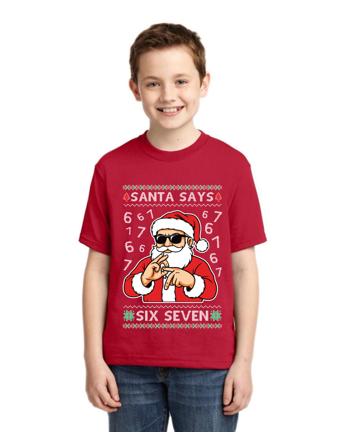 Santa Says 6 7 Numbers Meme Ugly Christmas Sweater For Kids | Unisex Boys Girls Graphic Youth T-Shirt