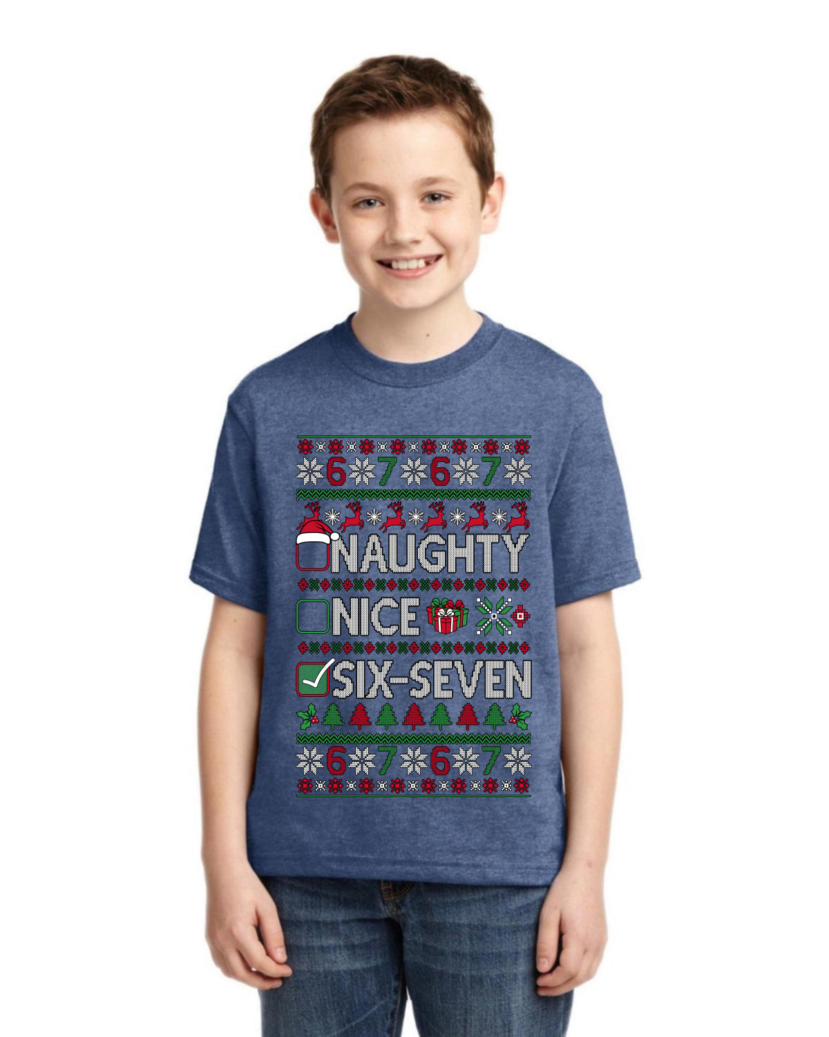 Naughty Nice 6 7 Checklist Ugly Christmas Sweater For Kids | Unisex Boys Girls Graphic Youth T-Shirt