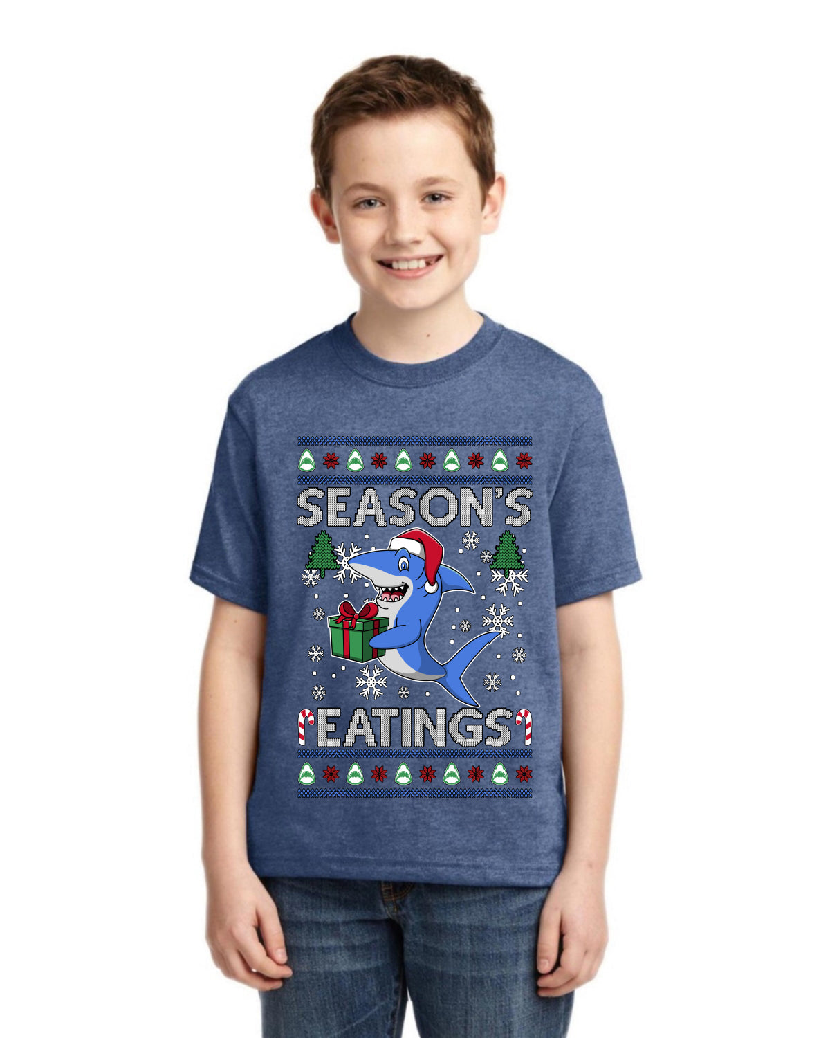 Season's Eatings Shark Ugly Christmas Sweater For Kids | Unisex Boys Girls Graphic Youth T-Shirt