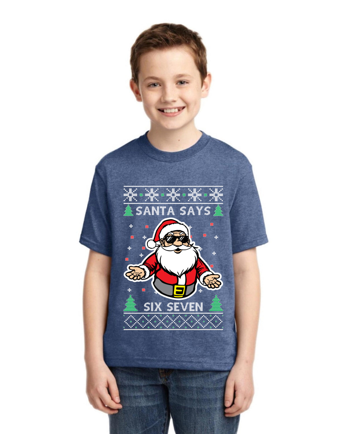 Santa Says 6 7 Meme Ugly Christmas Sweater For Kids | Unisex Boys Girls Graphic Youth T-Shirt