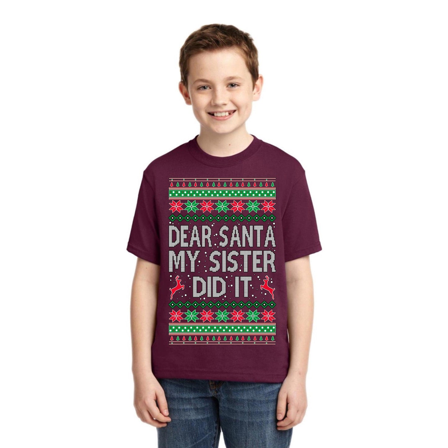Dear Santa My Sister Did It Christmas Unisex Boys Girls Graphic Youth T-Shirt