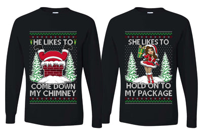 Come Down My Chimney Hold My Package Sweater Girlfriend Boyfriend Gift His and Hers Matching Ugly Christmas Couple Long Sleeve Shirt