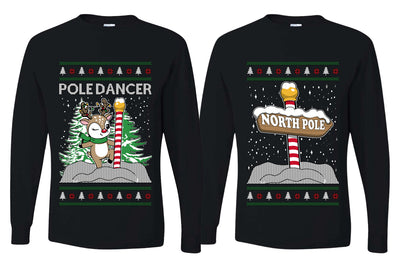 North Pole, Pole Dancer Sweater Girlfriend Boyfriend Gift His and Hers Matching Ugly Christmas Couple Long Sleeve Shirt