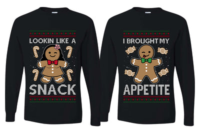 I Brought My Appetitie Lookin Like A Snack Sweater Girlfriend Boyfriend Gift His and Hers Matching Ugly Christmas Couple Long Sleeve Shirt