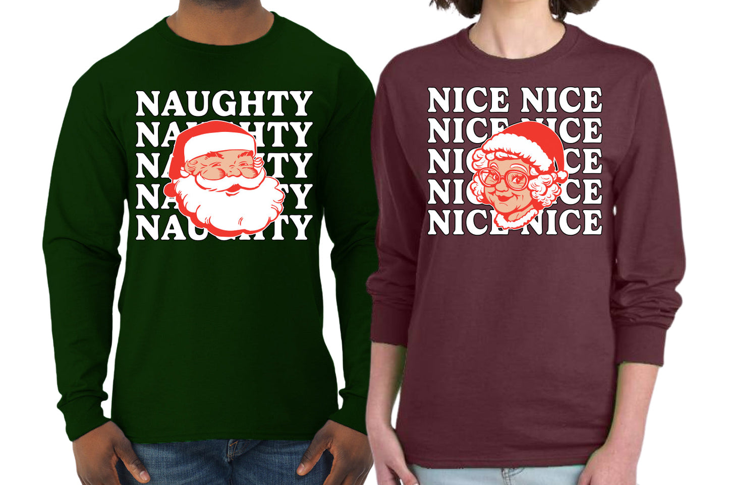 Naughty, Nice Santa Claus Mrs Claus Couples Shirt Girlfriend Boyfriend Gift His and Hers Matching Ugly Christmas Couple Long Sleeve Shirt