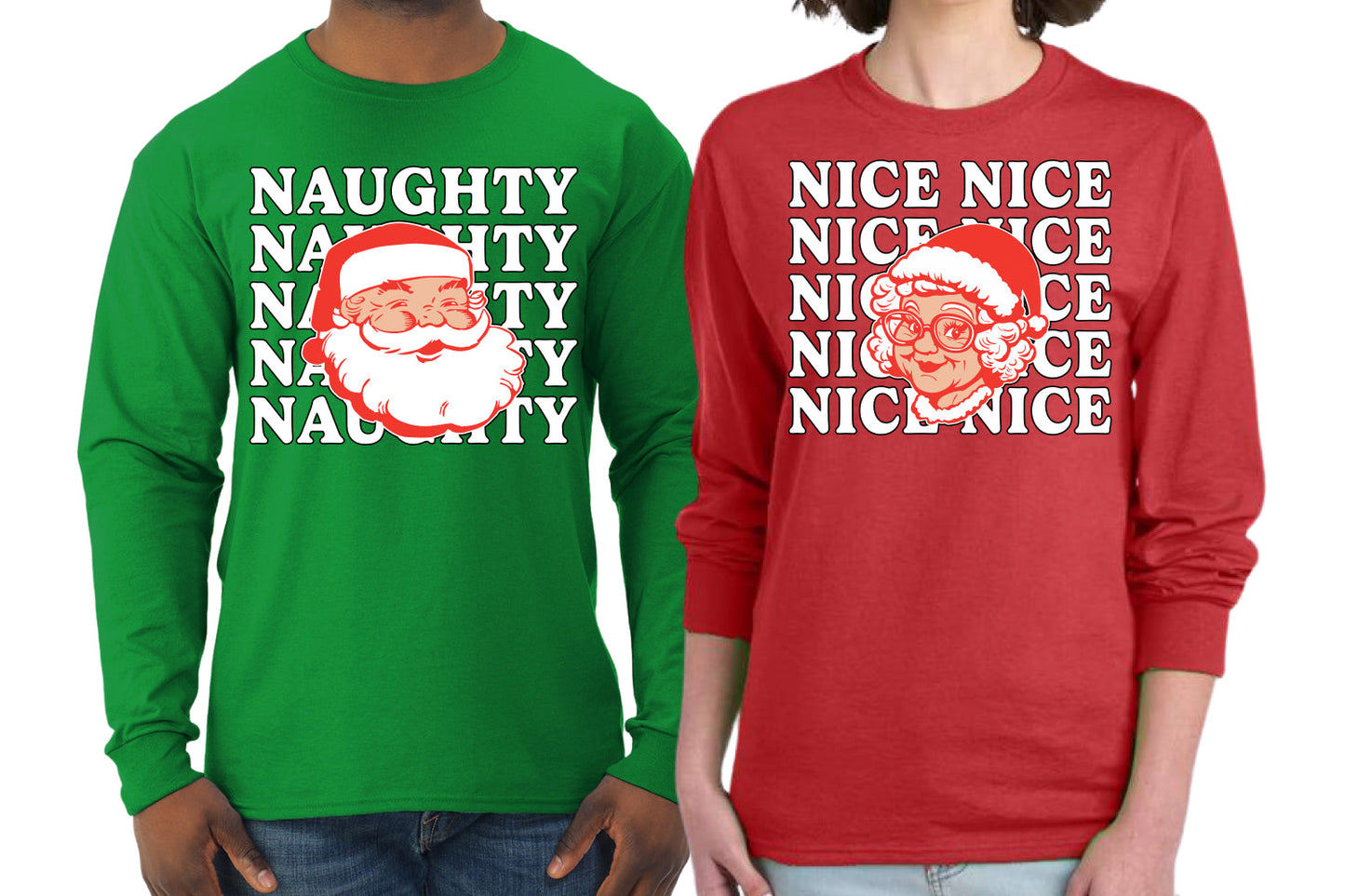 Naughty, Nice Santa Claus Mrs Claus Couples Shirt Girlfriend Boyfriend Gift His and Hers Matching Ugly Christmas Couple Long Sleeve Shirt