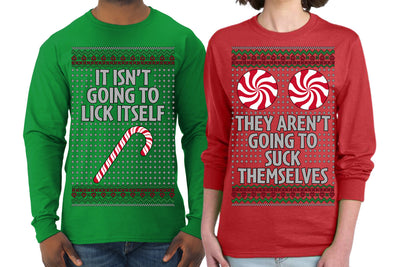It Isn't Going to Lick Itself Candy Cane They Won't Suck Themselves Funny Couples Shirt Girlfriend Boyfriend Gift His and Hers Matching Ugly Christmas Couple Long Sleeve Shirt