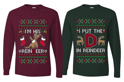 I Put The D In Reindeer Sweater Girlfriend Boyfriend Gift His and Hers Matching Ugly Christmas Couple Long Sleeve Shirt