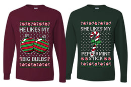 She Likes My Peppermint Stick, He Likes My Big Bulbs Sweater Girlfriend Boyfriend Gift His and Hers Matching Ugly Christmas Couple Long Sleeve Shirt