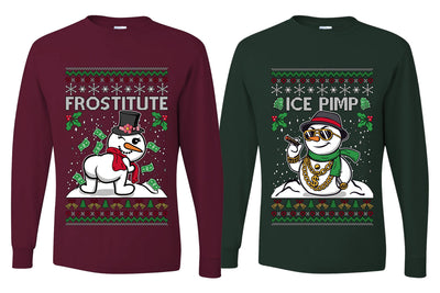 Frostitute Ice Pimp Snowmen Sweater Girlfriend Boyfriend Gift His and Hers Matching Ugly Christmas Couple Long Sleeve Shirt