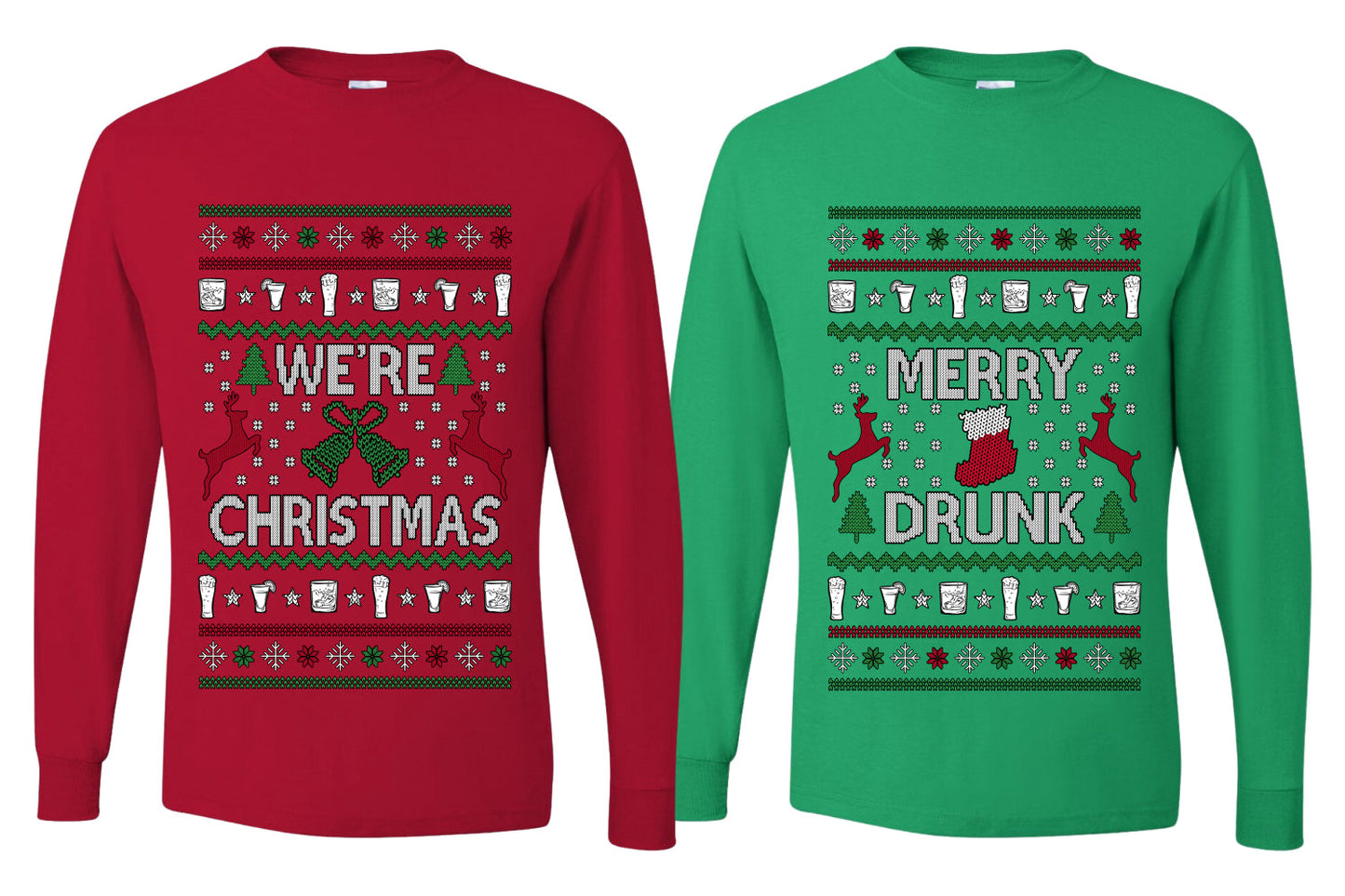 Merry Drunk We're Christmas Sweater Girlfriend Boyfriend Gift His and Hers Matching Ugly Christmas Couple Long Sleeve Shirt