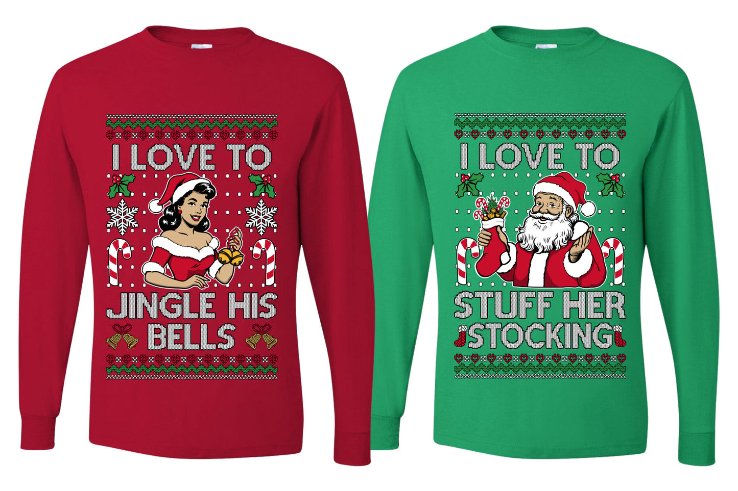 I Love To Stuff Her Stocking Jingle His Bells Sweater Girlfriend Boyfriend Gift His and Hers Matching Ugly Christmas Couple Long Sleeve Shirt