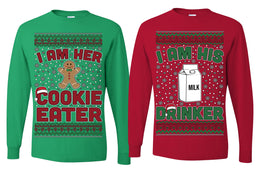 Cookie Eater, Milk Drinker Funny Couples Shirt Girlfriend Boyfriend Gift His and Hers Matching Ugly Christmas Couple Long Sleeve Shirt