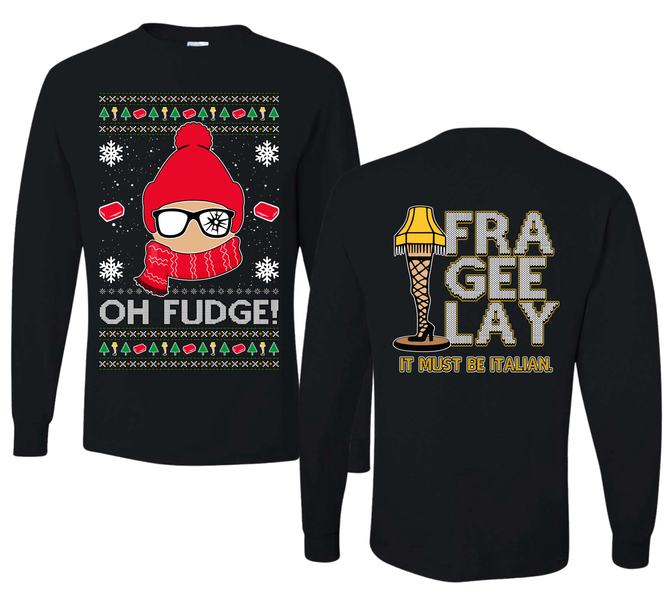 Oh Fudge Funny Story Ugly Christmas Front and Back Sweater Mens Long Sleeve Shirt