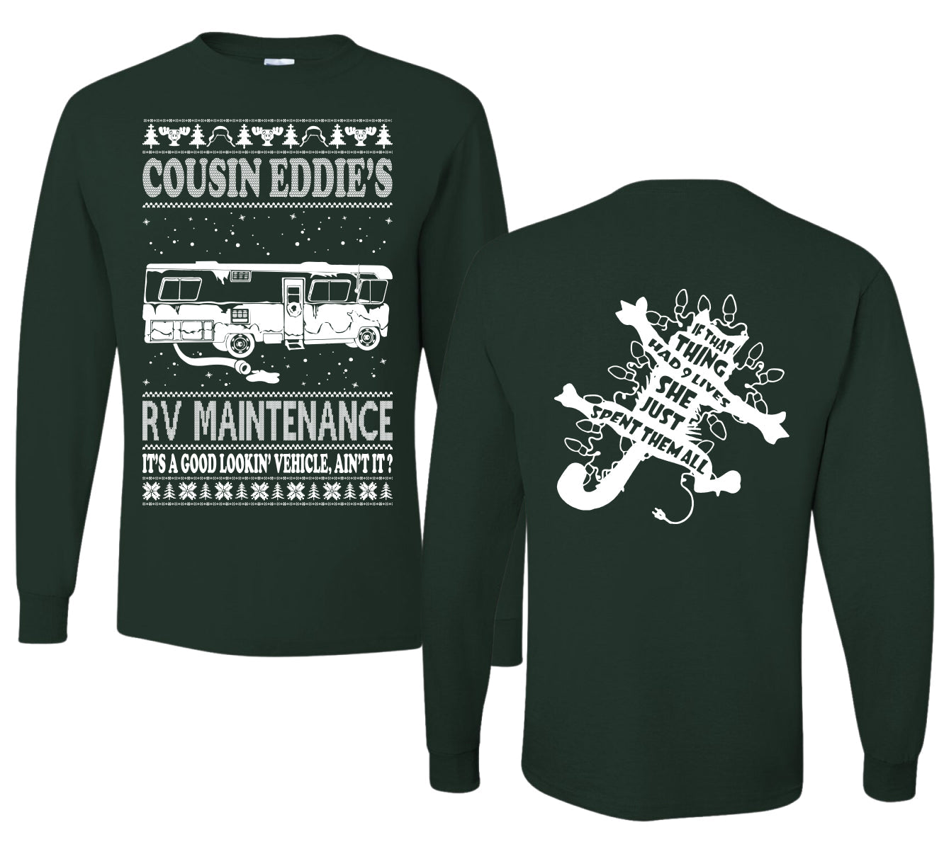Family Vacation Cousin Eddie's RV Maintenance Ugly Christmas Front and Back Sweater Mens Long Sleeve Shirt