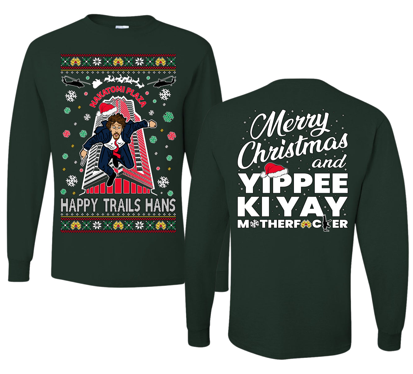 Nakatomi Plaza Happy Trails Hans Ugly Christmas Front and Back Sweater Mens Long Sleeve Shirt