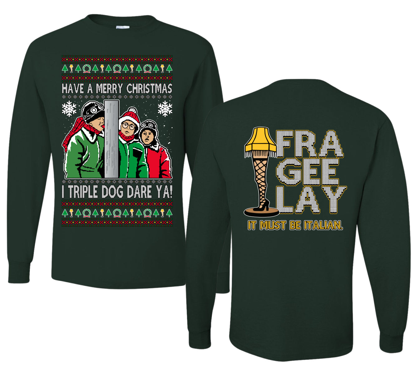 I Triple Dog Dare Ya Merry Story Ugly Christmas Front and Back Sweater Mens Long Sleeve Shirt