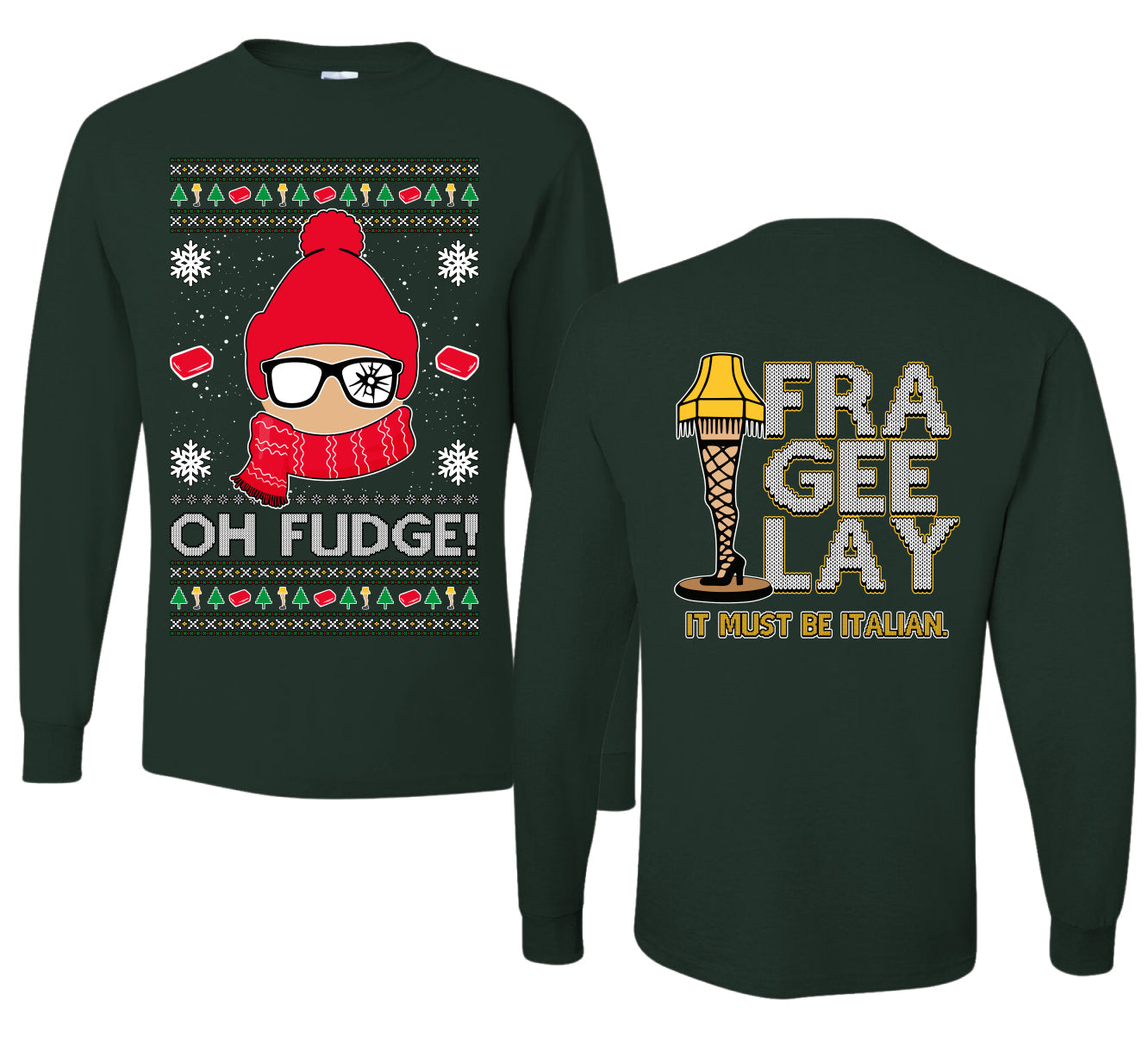 Oh Fudge Funny Story Ugly Christmas Front and Back Sweater Mens Long Sleeve Shirt