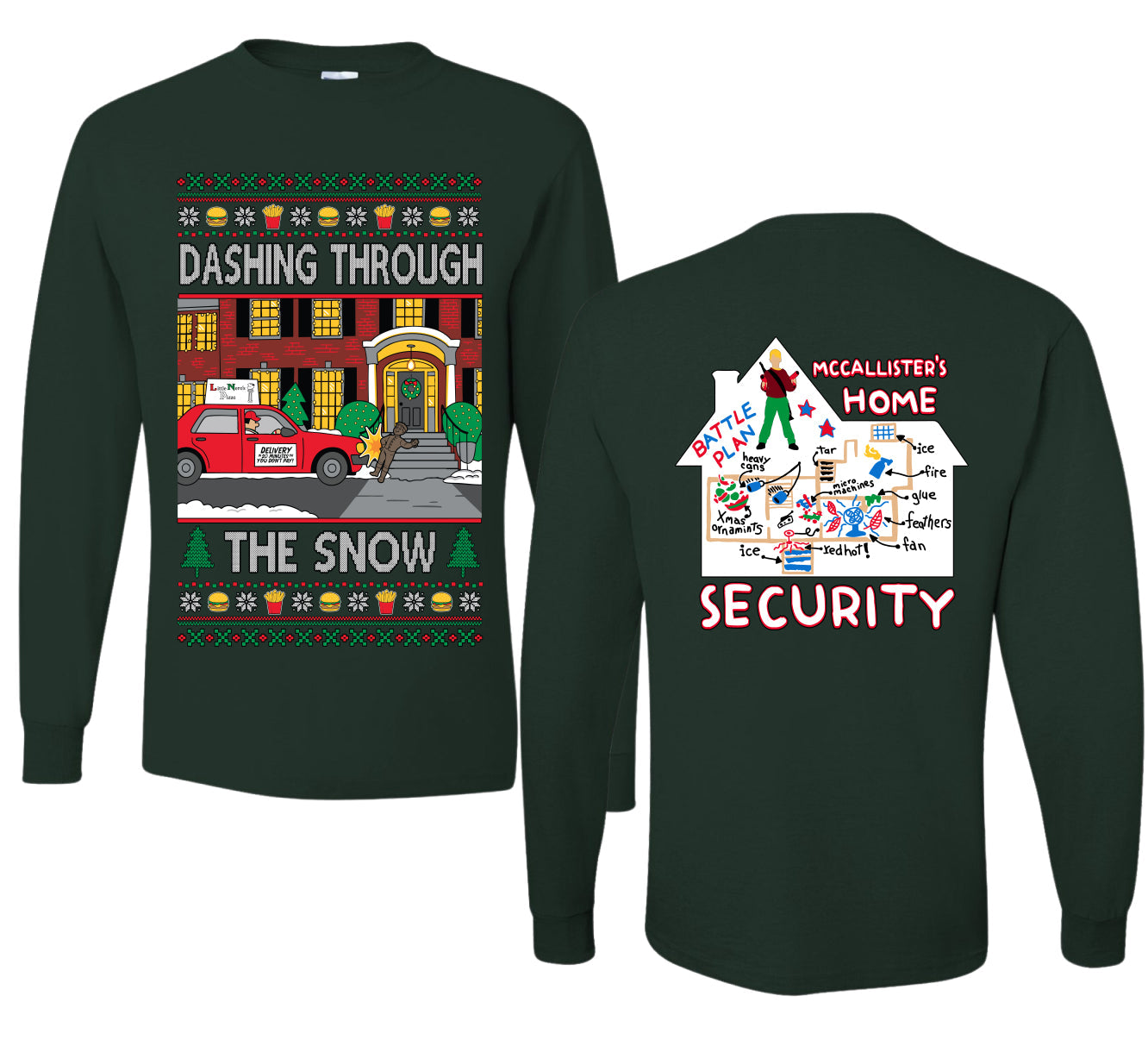 Dashing Through The Snow Classic 90s Holiday Movie Front and Back Unisex Ugly Christmas Sweater Mens Long Sleeve Shirt
