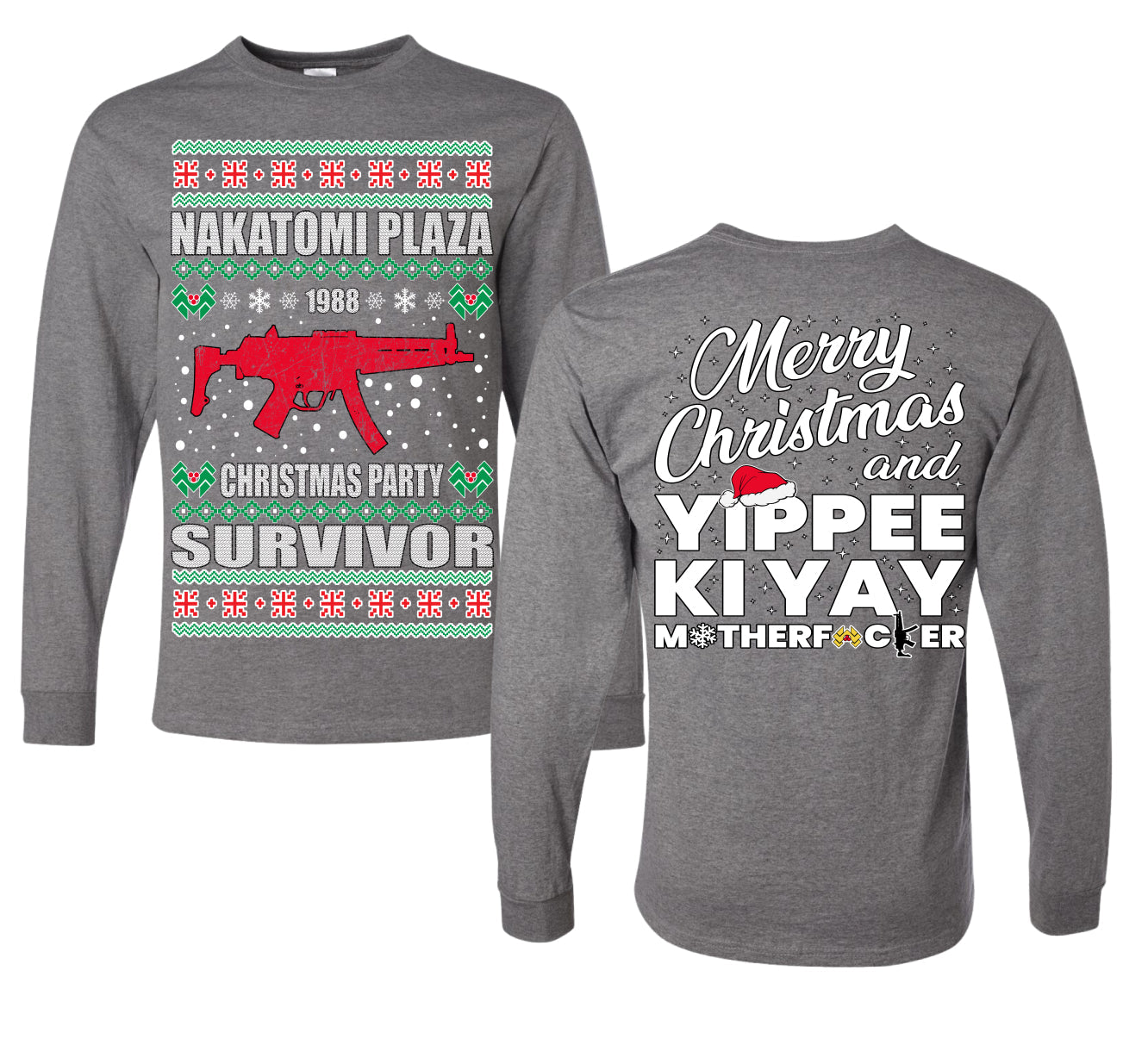 Christmas Party Survivor Nakatomi Plaza 1988 Ugly Christmas Front and Back Sweater Mens Long Sleeve Shirt