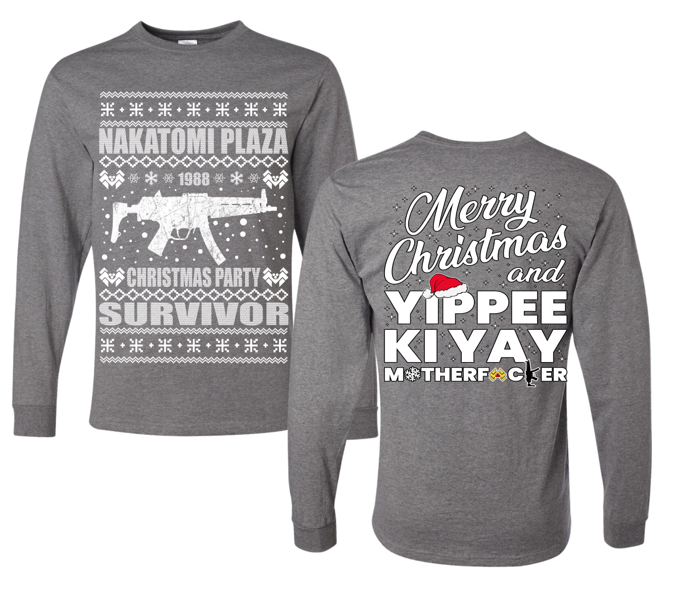 Nakatomi Plaza Christmas Party Survivor 1988 Ugly Christmas Front and Back Sweater Mens Long Sleeve Shirt