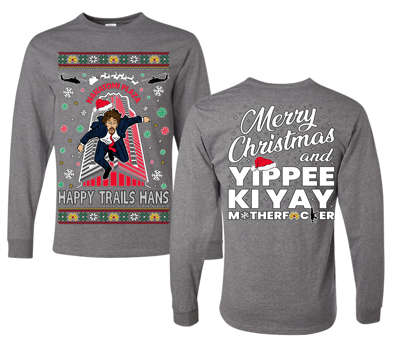 Nakatomi Plaza Happy Trails Hans Ugly Christmas Front and Back Sweater Mens Long Sleeve Shirt