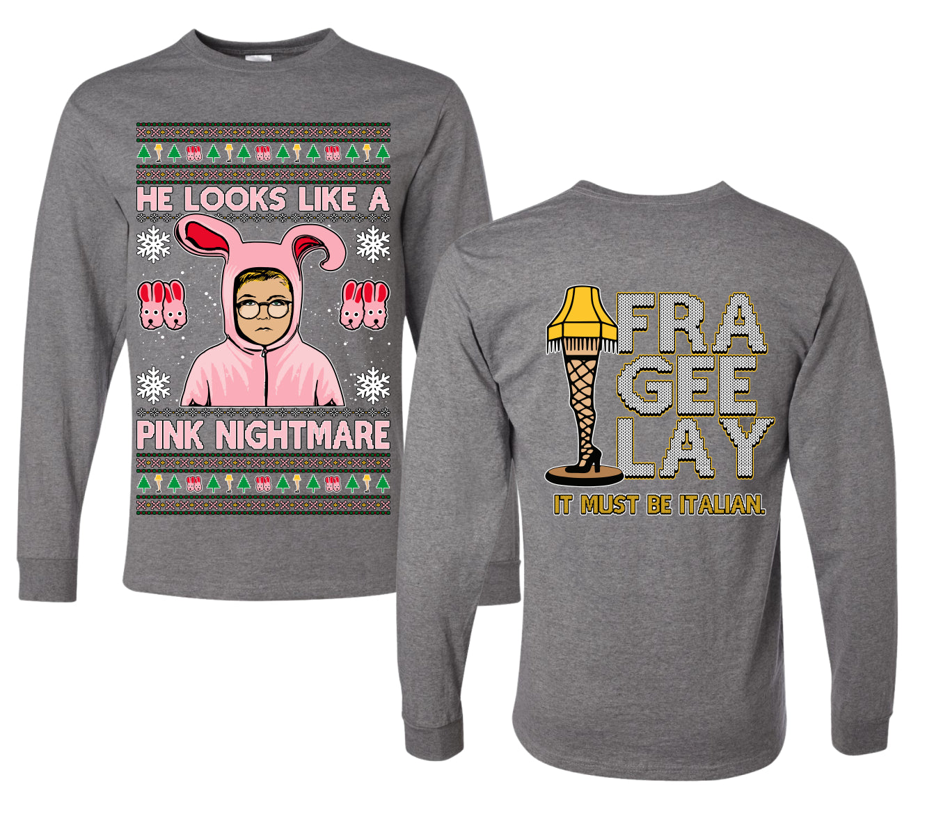 He Looks Like A Pink Nightmare Story Ugly Christmas Front and Back Sweater Mens Long Sleeve Shirt