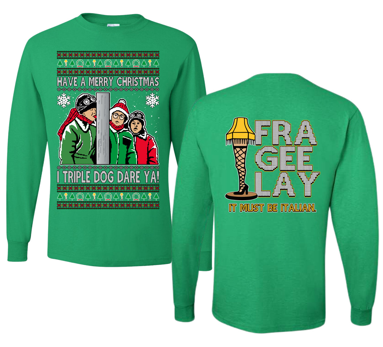 I Triple Dog Dare Ya Merry Story Ugly Christmas Front and Back Sweater Mens Long Sleeve Shirt