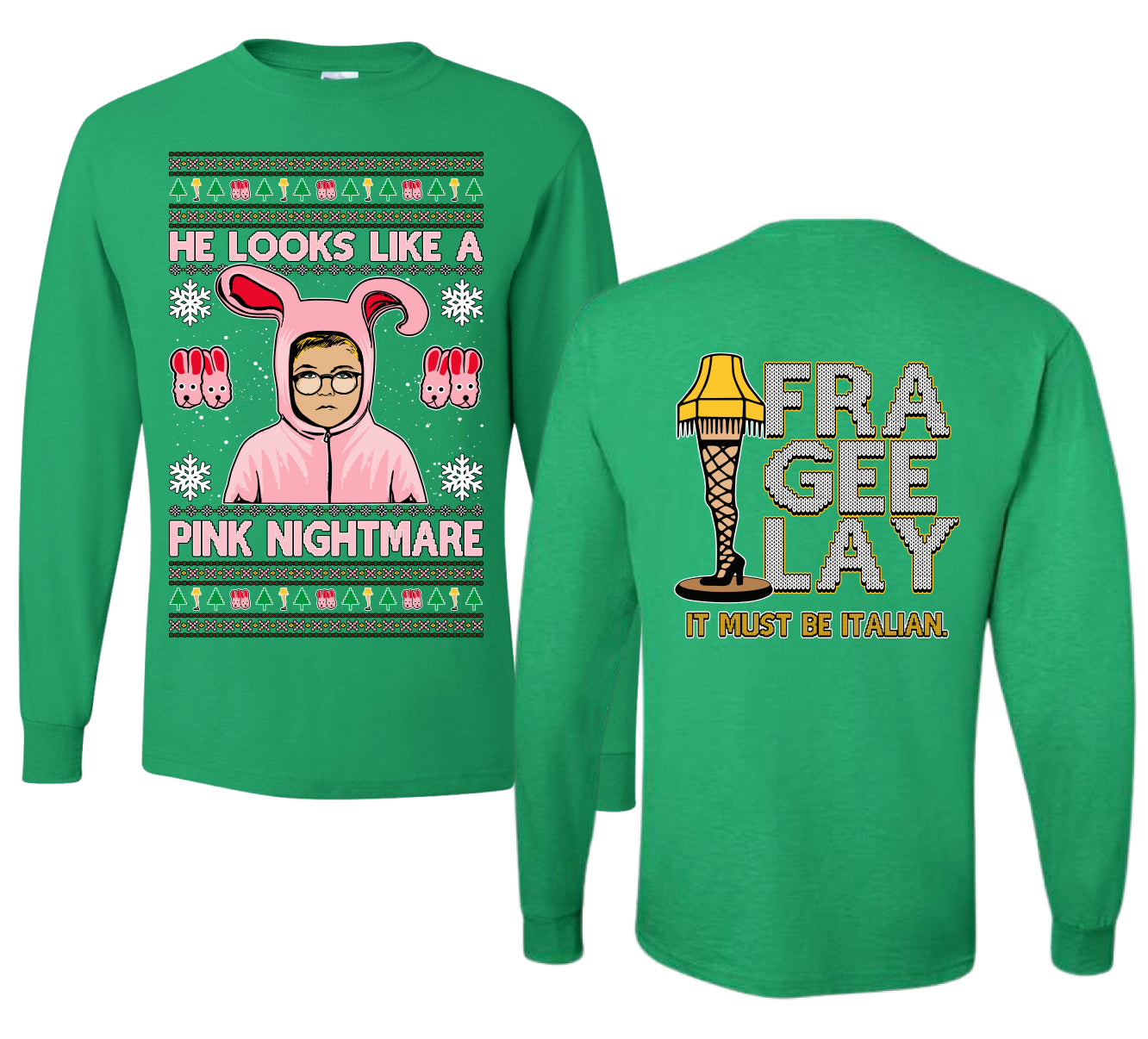 He Looks Like A Pink Nightmare Story Ugly Christmas Front and Back Sweater Mens Long Sleeve Shirt